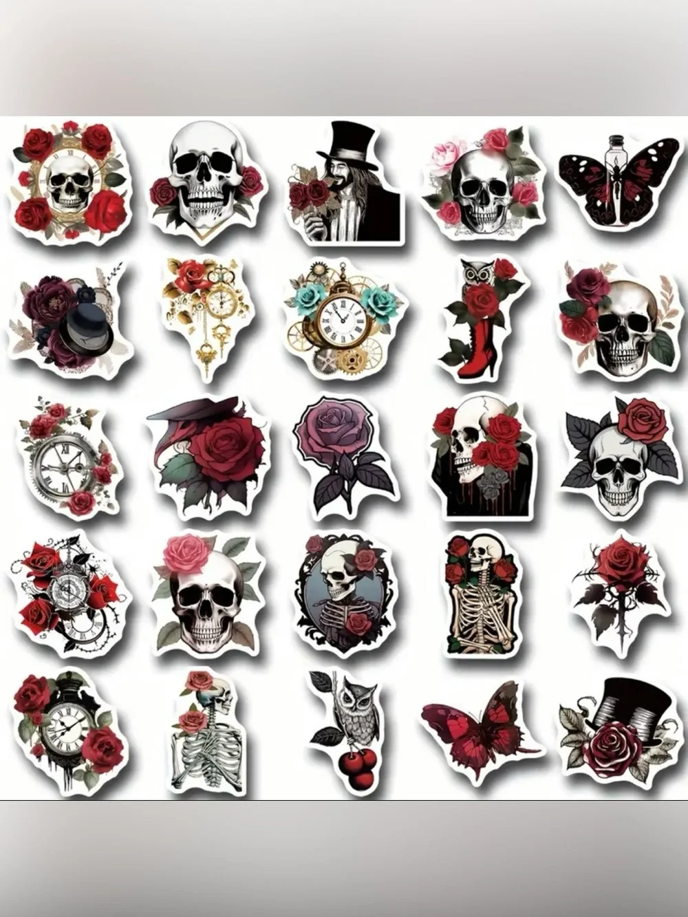 50 Gothic Vintage Skull & Rose Stickers Halloween Black Red Skeletons Flowers